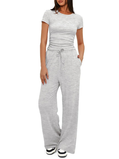 Summer Solid Loose Casual Tracksuit Women's Two Pieces Set O Neck Short Sleeves T-shirts and Wide Leg Pants Sets Sportswear Set