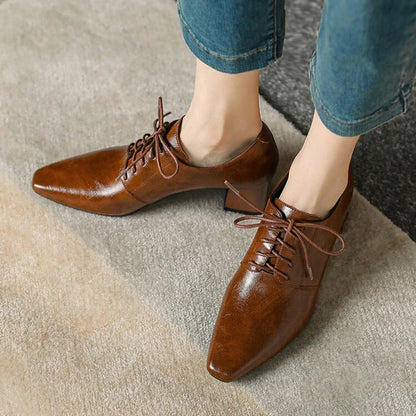 NEW Spring/Autumn Women Pumps Square Toe Chunky Heel Shoes Concise Split Leather Shoes for Women Lace-up Handmade Women Shoes