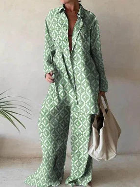 Spring Autumn Fashion Sets Women Long Sleeve Lapel Printed Casual Elegant Beach Loose Wide Legs Trousers Ladies Two Piece Suits
