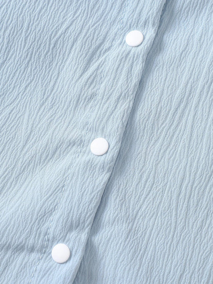 Summer new baby girl blue bubble short sleeved patch white lace round neck dress gentle, sweet and cute