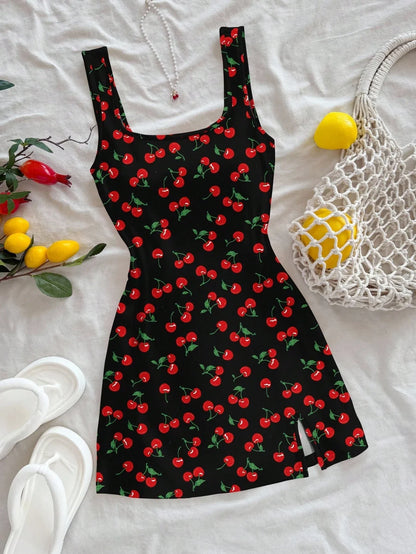 Women's Sexy Vacation Style U-Neck Cherry Print Open Back Side Slit Mini Dress for Spring/Summer