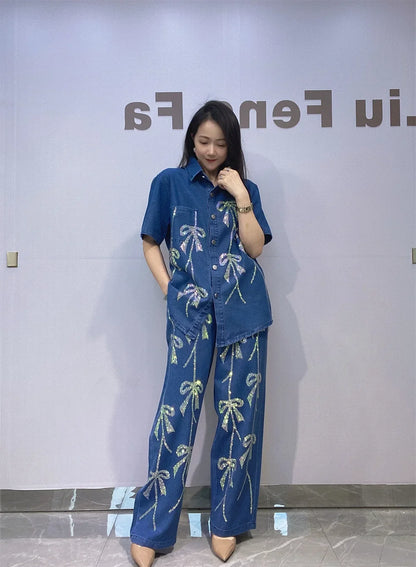 Sequins Bow Short Sleeve Denim 2 Pieces Set For Woman Outfits Casual Wide Leg Pant Sets Y2k Clothes Vestidos Streetwear Outwear