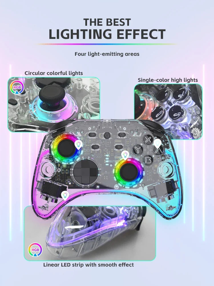 DATA FROG Transparent Wireless Game Controller RGB LED Gamepad With Audio Jack For Switch OLED PC Steam Deck Android Phone