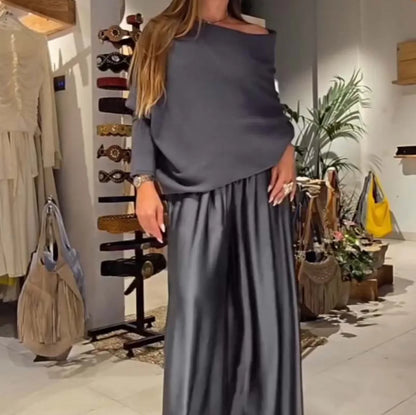 Fashion 2 Pieces Sets Women Elegant Off-shoulder Loose Tops And Satin Wide Leg Pants Sets 2026 Spring Casual Suit Woman Clothes