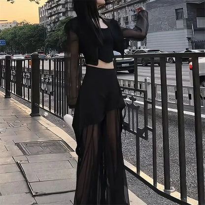 Y2k Korean Style Clothing Black 2 Piece Sets Women Hollow Out Mesh Grunge Simple Sping Streetwear High Waist Pants Outfit Sets
