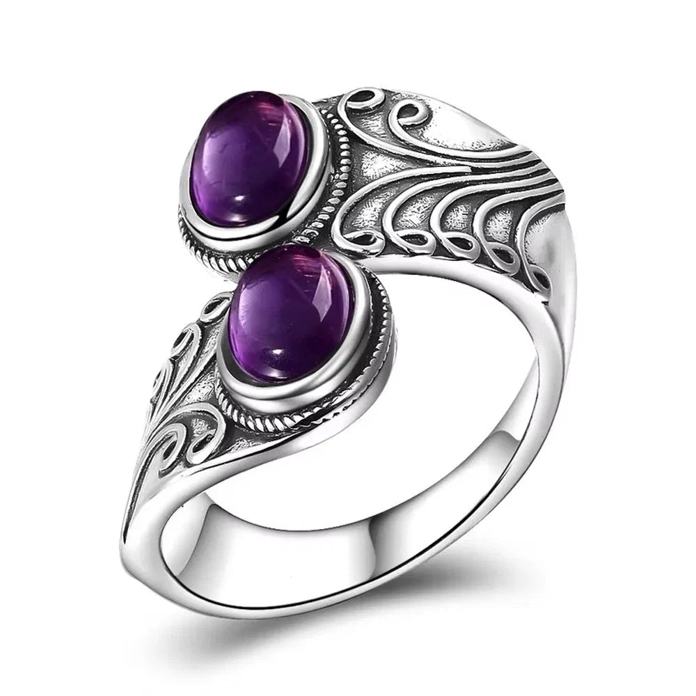 925 Vintage Silver Ring with Natural Moonstone 6*8mm Adjustable Rings Flower Bohemia Style Fine Jewelry for Women