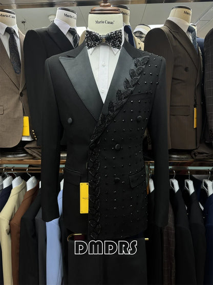 2-piece Luxury Suit Set for Men, Jacket and Pants Double Breasted Suit Blazer Beaded Slim Fitting Costume for Groom