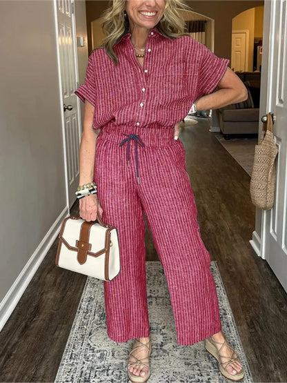Classic Spring Autumn Cotton Linen Striped Printed Short Sleeve Shirt 2 Piece Set Retro Casual Loose Waist Trousers Women's Suit