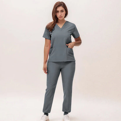 Stretchy Nurse Uniforms V-neck Top Jogger Pants Scrub Sets Surgical Workwear Dentist Nursing Suit Hospital Doctor Outfit S21