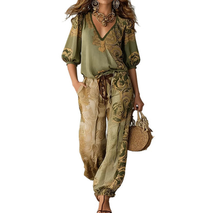 Elegant Ethnic Swirl Pattern Two Piece Suit Ladies Mid Sleeve Shirts Drawstring Waist Harem Pants Bohemian Holiday Casual Set