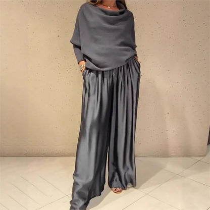 Fashion Satin Sexy Off-shoulder Women Long-sleeved T-shirt Trousers Suit Autumn Elegant Woman Loose Wide-leg Trousers 2piece Set