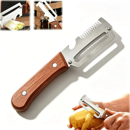 Stainless Steel Vegetable Peeler with Wooden Handle 3-in-1 Fruit Potato Peeler with Bottle Opener Kitchen Peeling Cooking Tools