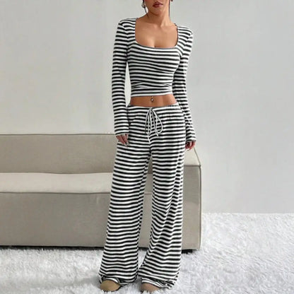 Women's Striped 2 Piece Outfits Long Sleeve Square Neck Cropped Top Drawstring Wide Leg Pants Set Casual Lounge Lady Sweatsuits