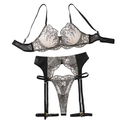 MUZISKAT 2024 Sexy Lace Underwear Women's Three Piece Bra And Underwear Set Embroidered Underwear Women's Underwear Sexy Set
