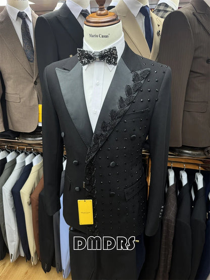 2-piece Luxury Suit Set for Men, Jacket and Pants Double Breasted Suit Blazer Beaded Slim Fitting Costume for Groom