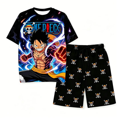 One Piece Luffy Anime Printed Short Sleeve T Shirt And Shorts Set Unisex For Children And Adults Stylish Home Sleepwear Suit