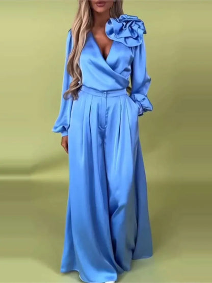 Fashion Solid Color Satin Long Sleeve Shirt Women 2 Piece Spring Autumn New Casual Loose Wide Leg Pants Pocket Female Office Set