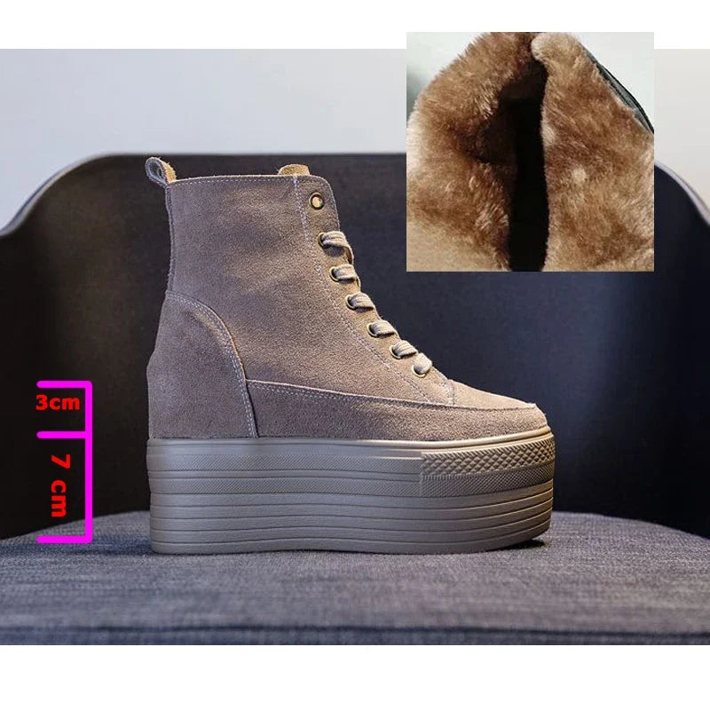 Fujin 12cm Suede Genuine Leather Women Shoes Wedge High Heel Platform Casual Breathable Casual Winterr Shoes Women Ankle Boots