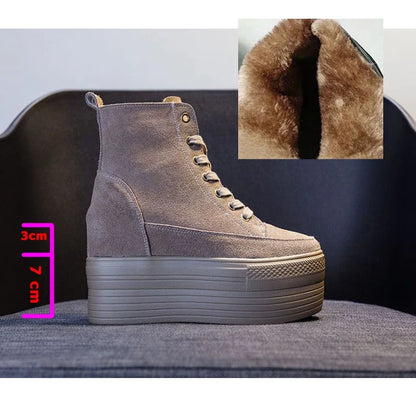 Fujin 12cm Suede Genuine Leather Women Shoes Wedge High Heel Platform Casual Breathable Casual Winterr Shoes Women Ankle Boots