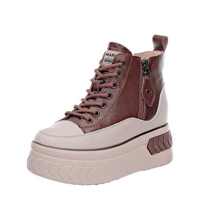 High Top Women Shoes Genuine leather 8cm Platform Boots Wedge Hidden Heel Zip Spring NEW Autumn Warm Fur Winter Shoes Sneakers