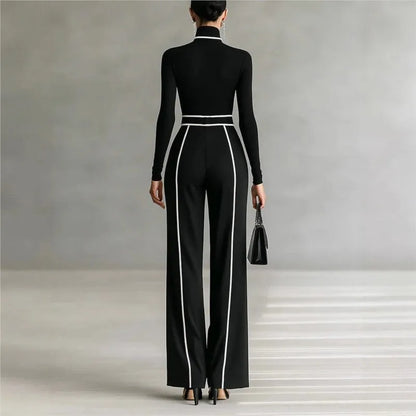 Women Long Sleeve Knit Pullover Two-Piece Set Elegant High Neck Slim Top+Wide leg Pants Spring Autumn new Outfit Suit