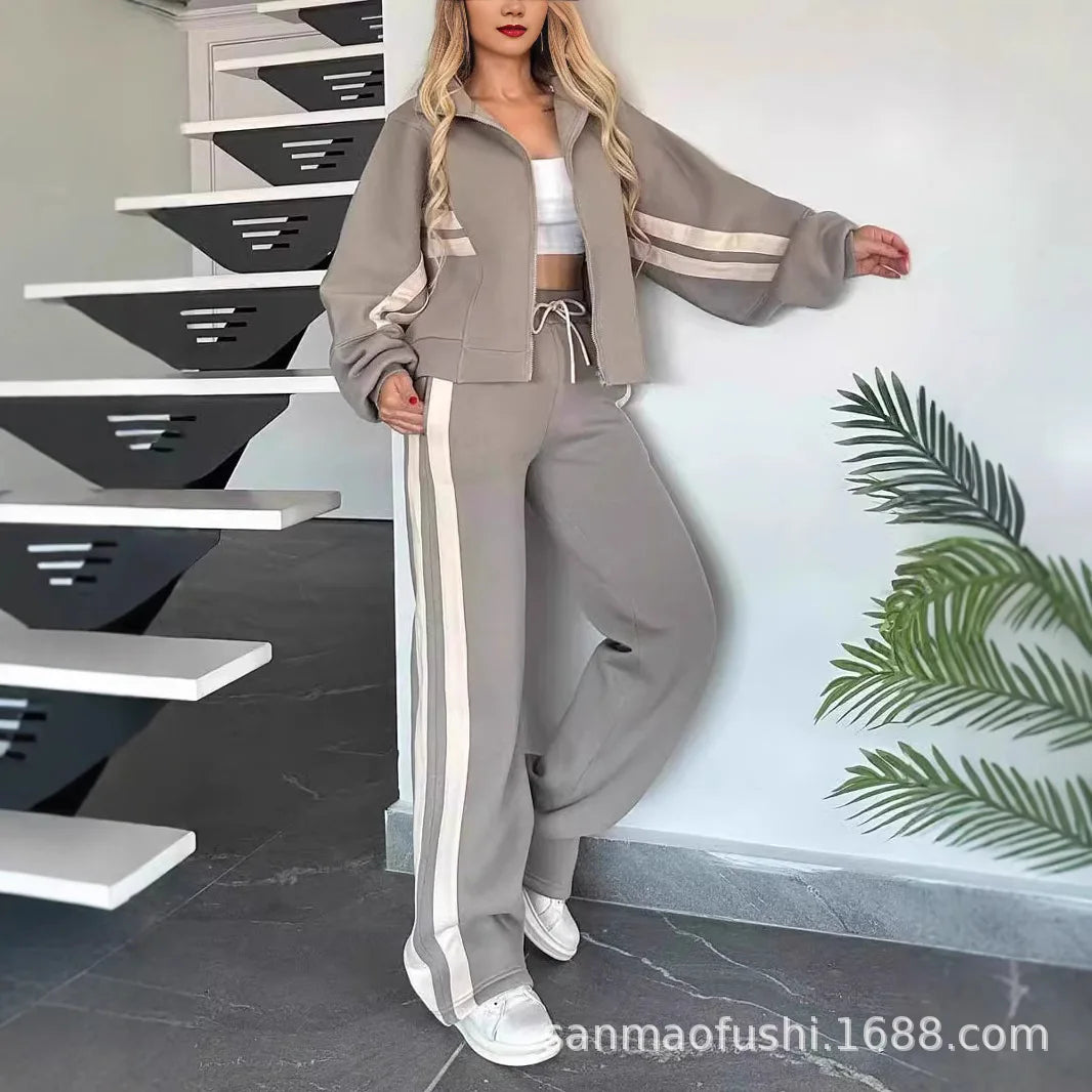 Striped Zipper Coat+sweatpants Two Piece Set Women Casual Batwing Sleeve Sports Jacket Outfits Autumn Winter Sweatshirt Suit Y2K