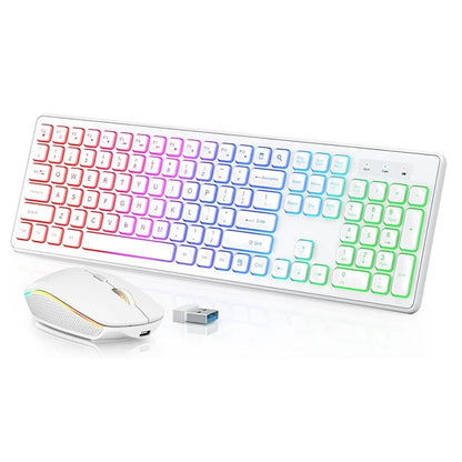 USB Wireless Keyboard and Mouse Set RGB Backlit Rechargeable Light Up Letters Full-Size Wireless Keyboard for Computer