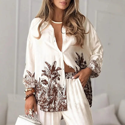 Elegant Women Loose Two Piece Set Chic Floral Print Long Sleeve Shirt Wide Leg Pants Set Bohemian Outfits Loungewear Pajamas Set