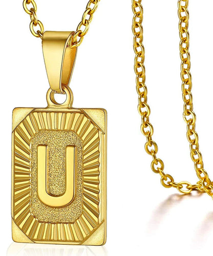 Initial Pendant Necklace for Women Simple Stainless Steel Cuba Link Charm Letter Square Necklace Men Jewelry Couple Gift