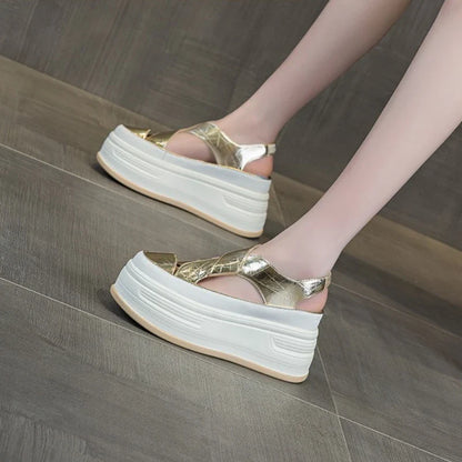 Fujin 8cm PU Patent Synthetic Microfiber Leather Chunky Sneakers Slippers Platform Wedge Sandals Slipper Flats Women Shoes