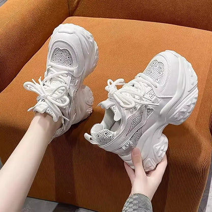 Platform Bling Sequine Sneaker Boots 9cm Height Increasing Lace Up Autumn Winter Women Shoes Thick Botton Sole Boots
