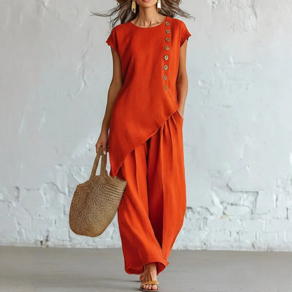 2026 Women 2 Piece Set Elastic Waist Pocket Button Decorate Wide Leg Pants+Solid Blouse Suit Casual Top Trousers Lady Outfits