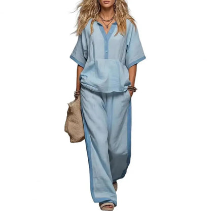 Women Cotton Linen Set, Summer V-Neck Loose Fit & Elastic Waist Palazzo Pants 2-Piece Outfit, Casual Top and Wide Leg Trousers