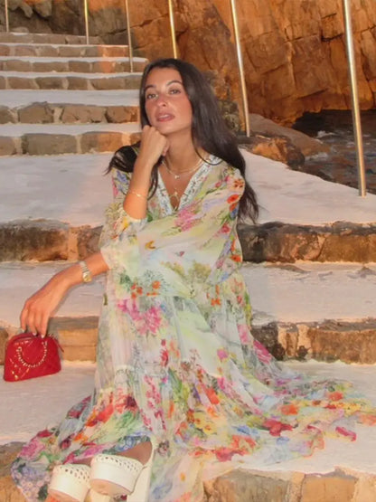 Bohemian Floral Matching Set V Neck Tie Front Crop Top Elastic Waist Tiered Ruffle Maxi Skirt Vacation 2 Piece Outfit 2026 Beach