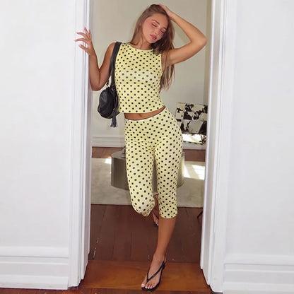 Women Polka Dot 2 Piece Outfit Sleeveless Crew Neck Crop Tank Top High Waist Capri Leggings Matching Sets Y2K Streetwear Co Ord