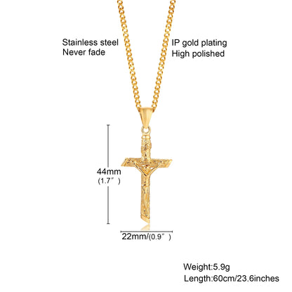 Stainless Steel Cross Necklace Catholicism Jesus Pendant Gold Color Collar Church Prayer Faith Jewelry for Men Women Gift