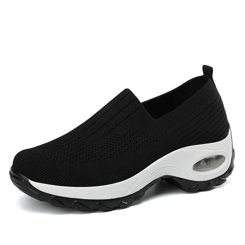 Breathable Mesh Slip-On Sports Shoes Comfortable Thick Bottom Heightening Walking Shoes for Women Casual round Toe Rubber Sole