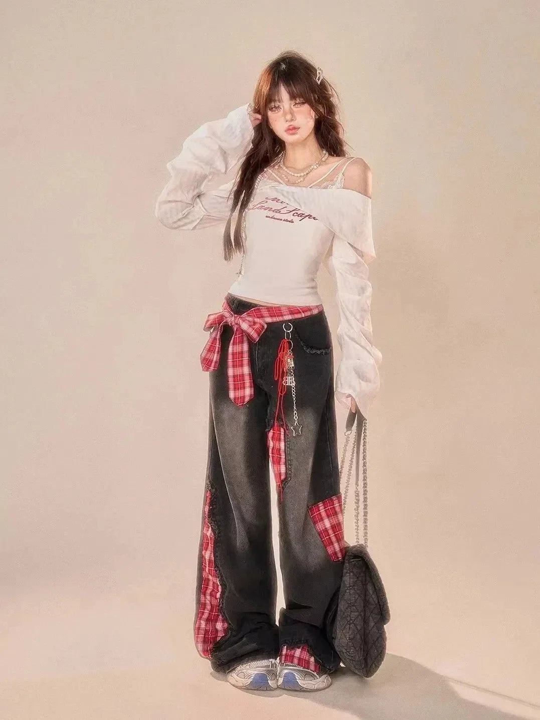 Retro Black Bow Tie Strap Patchwork Jeans Checkered Sweet Women Trouse High Waisted Loose Wide Leg Casual Y2K Denim Pants