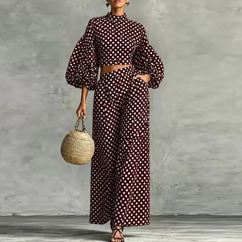 Vintage Polka Dot Matching Suits Women Mock Neck Lantern Sleeve Cropped Short Blouse & Loose Pants Sets Casual Two Piece Outfits