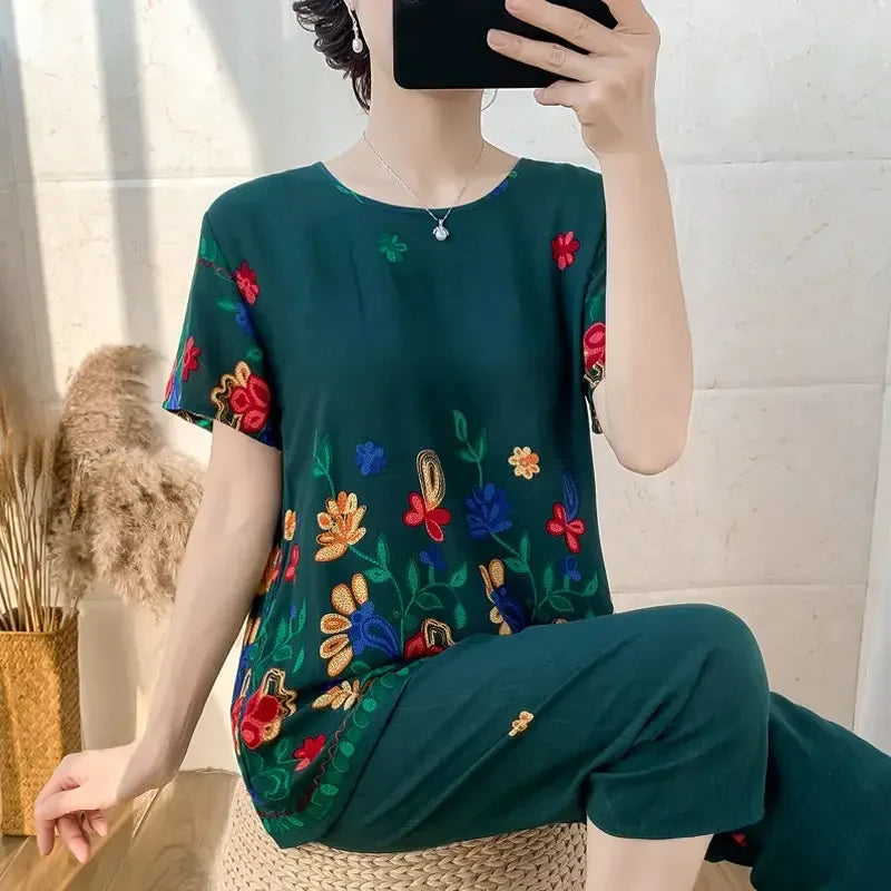 2024 Summer Women Cotton Linen Short Sleeve Set Large Size Middle-aged Mother Floral Print Clothes New Two-piece Suit 5XL G45