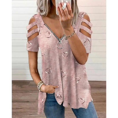Plus Size V-Neck Zipper Print Sexy Hollow Short Sleeve Loose Casual T-Shirt Women's Tops