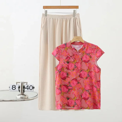 Summer Cotton-silk blend Cheongsam 2 Pcs Set Loose Short Sleeve Frog Closure Tops and Wide leg Pants New Chinese Style Plus size