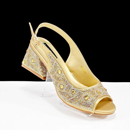 QSGFC 2024 Rhinestone Design INS Hot Sale New Arrivals African Shoes and Bag Set in Green Color Open Toe Comfortable Women Heels