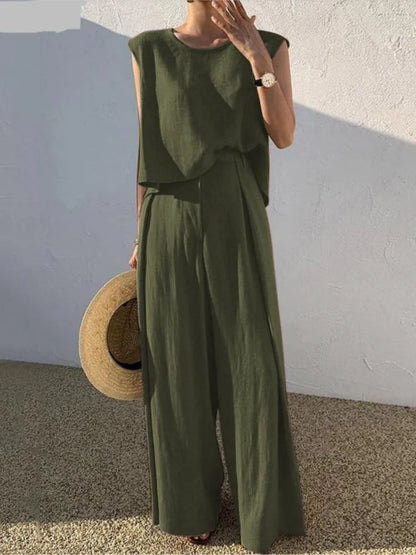 Lady Casual Loose 2 Piece Sets Fashion O-Neck Sleeveless Pullover Tops+wide Leg Pants Two Piece Sets For Women Summer Office New