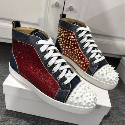 Red Rhinestones Gold Metal Rivets Men's Casual Sports Shoes Round Toe Lace-Up Thick Flat Sole High-Top Sneakers Male Patchwork