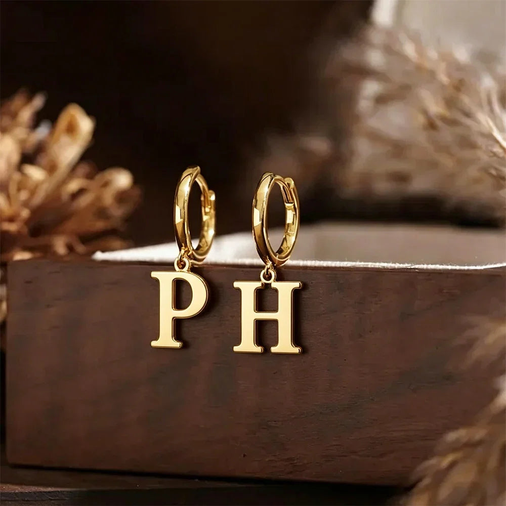 Custom Initial Letter Hoop Earrings Personalized Monogram Alphabet Pendant Gold Stainless Steel Earring Custom Name Jewelry Gift