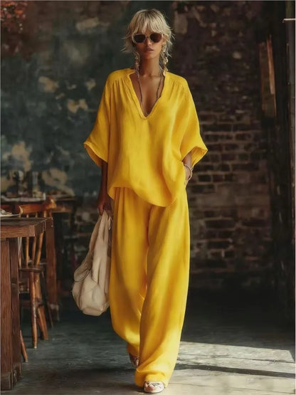 Fashion V-neck Short-sleeved Loose Top Women's Suit Summer New Casual Retro Female Vacation Lazy Trousers 2-piece Set 2026