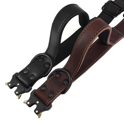 Real Leather Dog Collar With Handle Tactical Military Dog Leather Collar For Medium Large Dogs German Shepherd Training Hunting
