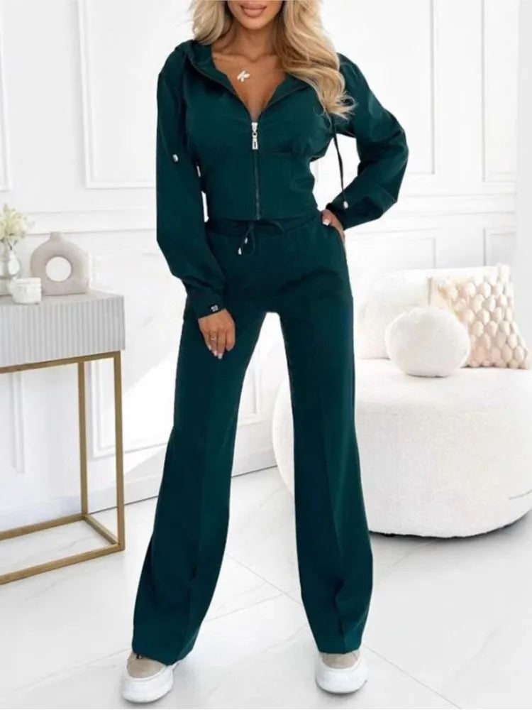 Autumn Winter Hooded Zipper 2 Piece Sweatsuit Women Casual Sets Sweatshirt Jacket With Elastic Waistband & Wide Leg Pants Set