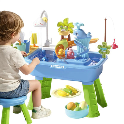Kitchen Water table Sets with Pump,Tableware & Fishing Game for Kids,Children's Play Sink with Running Water & Electric Faucet